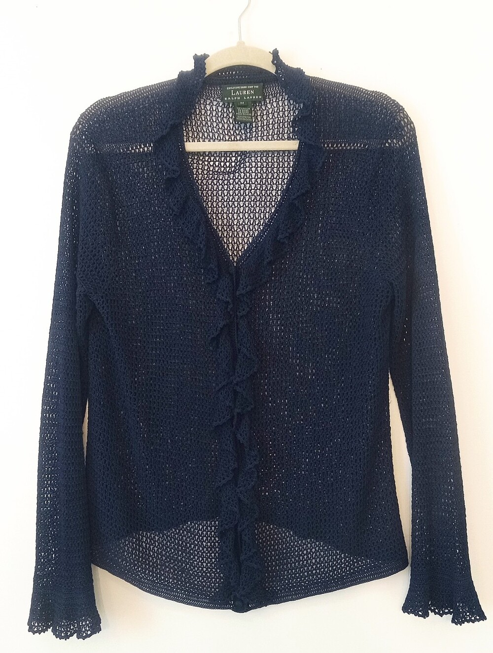 Laruen Ralph Lauren Womens Open Hand Knit Cardigan Sweater Blue Medium Ruffle